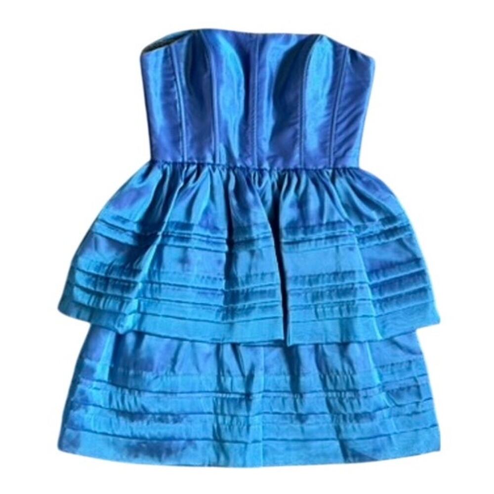 Adrianna Papell Evening Strapless Blue Taffeta Tiered Cocktail Dress Size 4